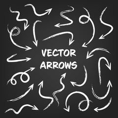 White grunge hand drawn arrows set on gray background. Arrow, cursor Icon. Vector pointers collection. 