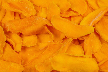 Tasty sugar mango slices background. Top view.