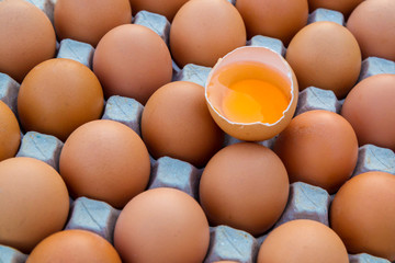 Group of organic free range chicken eggs in the basket at nature village farmland. Fresh eggs for sale at a market. Fresh Chicken Rooster Eggs on at Local Farmer Market.