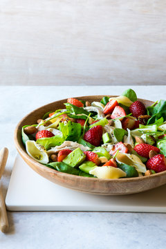 Chicken Strawberry Avocado Pasta Salad with Creamy Yogurt Poppy