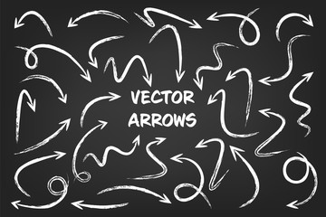 White grunge hand drawn arrows set on gray background. Arrow, cursor Icon. Vector pointers collection. 