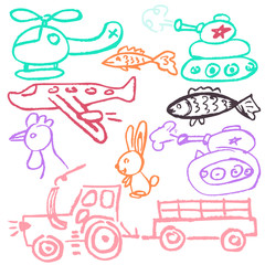 Cute childish drawing with wax crayons