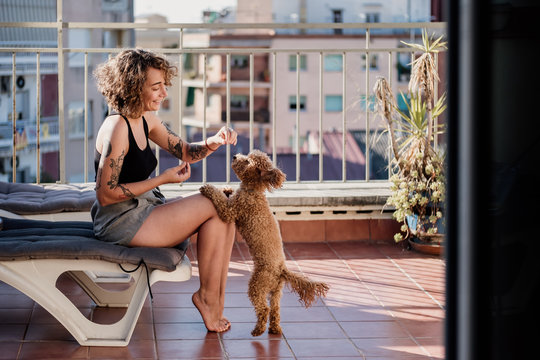 Woman with his adorable caniche puppy