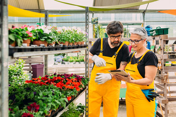 Happy mid adult couple working in nursery