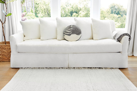 White linen sofa in modern farmhouse