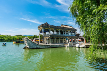 Marble boat named the Boat of Purity and Ease in Summer Palace, Beijing, China.