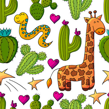 Cute vector illustration. Cartoon images of cactus. Cacti, aloe, succulents. Decorative natural elements