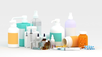 3D drugs and medical staf for treatment medication. Pharmaceutical medicament, cure in container for health. Pharmacy theme, capsule pills with medicine antibiotic in packages.