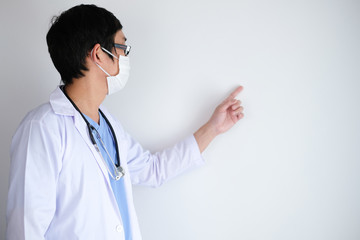 doctor glide and give the advise the people fo the coronavirus and fighting Covid-19 on white...