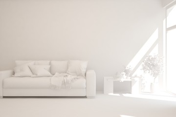 White minimalist living room with sofa. Scandinavian interior design. 3D illustration