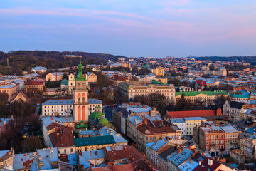 Aerial view of Assumption church and historic center of Lviv, Ukraine. Lvov cityscape. View from Lviv Town Hall