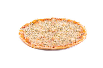 Pizza with cheese and herbs. Photo taken on a white background. A dish of Italian cuisine. Suitable for restaurant menu.