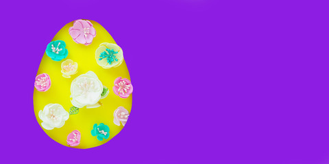 Fototapeta na wymiar .purple background with a hole in the shape of an egg, inside it are artificial multi-colored flowers on a yellow background. Easter concept..