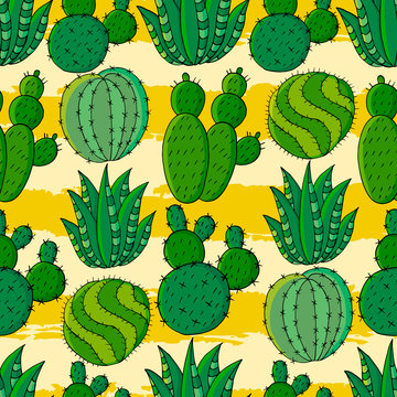 Cute vector illustration. Cartoon images of cactus. Cacti, aloe, succulents. Decorative natural elements