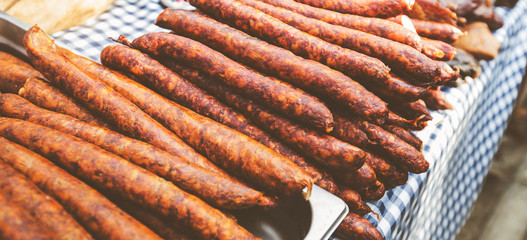 Domestic Traditional Food Smoked Sausage At Local Farmer Marketp