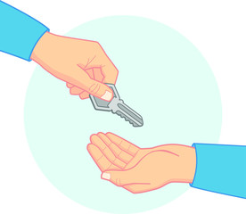 Picture of the hand holding the key and giving it and the hand receiving the key