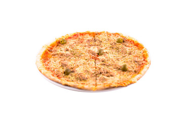 Pizza Margherita with cheese and green olives. Photo taken on a white background. A dish of Italian cuisine. Suitable for restaurant menu.