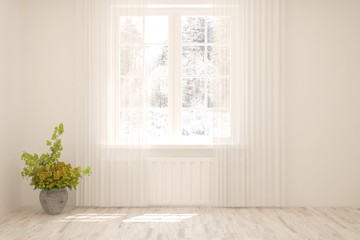 Mock up of empty room in white color with winter landscape in window. Scandinavian interior design. 3D illustration