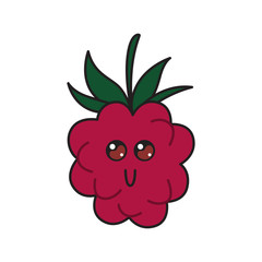 Cute raspberry character with face. Kawaii doodle raspberry isolated on white background.