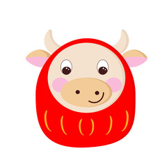 Daruma the bull. Symbol of the year 2021. New Year's cartoon mascot in the form of a cow. Concept for greeting card.