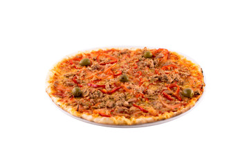 Pizza with tuna and red pepper. Photo taken on a white background. A dish of Italian cuisine. Suitable for restaurant menu.