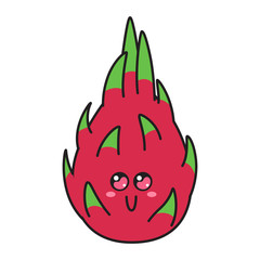 Cute dragon fruit character with face. Kawaii doodle pitahaya or pitaya isolated on white background.