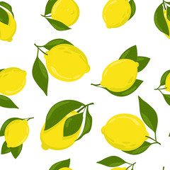 Obraz premium Bright pattern with yellow lemons and green leaves. Vector image on a white background.