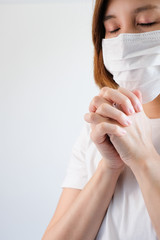 woman wearing mask get sick from corona virus, covid19 and flu. pray and cheer up for stay strong and get well.self quarantine and safer at home with hope.