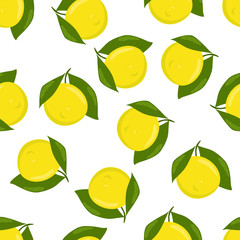Bright pattern with yellow lemons and green leaves. Vector image on a white background.