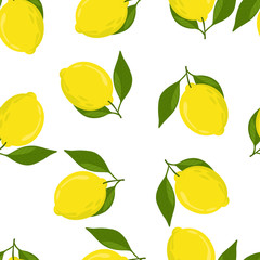 Bright pattern with yellow lemons and green leaves. Vector image on a white background.