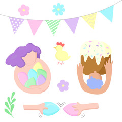 easter set with happy people in their hands they have eggs and easter buns. Flags, flowers, leaves