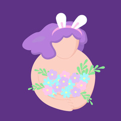 A cute girl with purple hair decorated her head with a hoop with rabbit ears. Hugs a bouquet with spring flowers