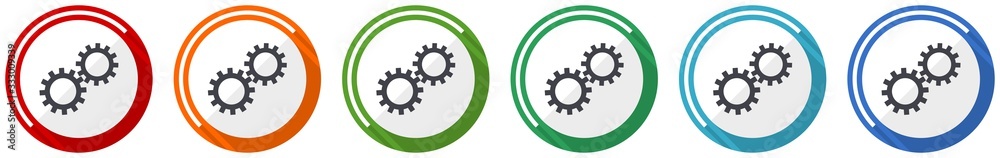 Poster gear icon set, cogwheel flat design vector illustration in 6 colors options for webdesign and mobile