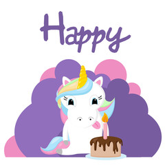Cute cartoon unicorn with a cake and a candle. Pony celebrates a birthday! Design for children's party, poster, postcard.