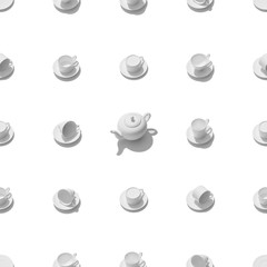 Seamless pattern of white ceramic tea set, on a white background
