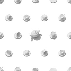 Seamless pattern of white ceramic tea set, on a white background