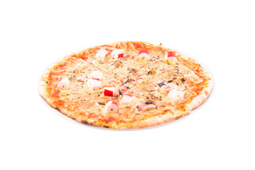 Fototapeta na wymiar Pizza with cheese and crab meat. Photo taken on a white background. A dish of Italian cuisine. Suitable for restaurant menu.