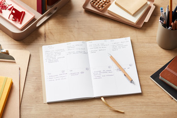 Composition of office supplies with planner