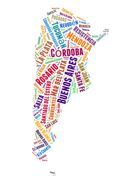 Argentina map and list of cities word cloud concept