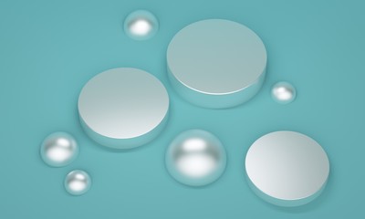 Blue abstract background with a cylindrical silver podium and sphere. Top view. 3d rendering