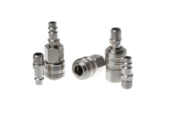 Set of male and female steel quick couplings with thread inserted into each other, isolated on white background