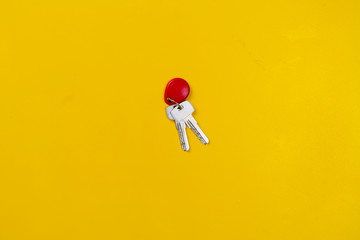 simple flat lay with a bunch of keys of house apartment isolated on a colourful background