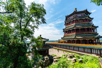 Chinese pagoda in Summer Palace Park at Beijing, China - 08/16/18