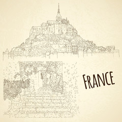 Set of city sketching. Line art silhouette. Travel card. Tourism concept. France, Saint-Paul-de-Vence, Mont Saint-Michel. Vector illustration.