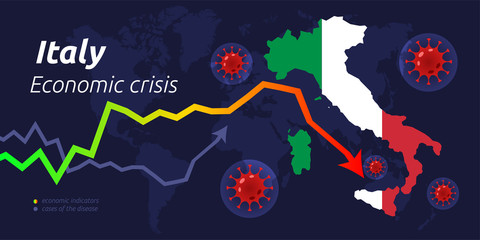 Coronavirus in world. Quarantine and global recession. Italy hit by coronavirus outbreak and pandemic. Concept of world and local economy crisis