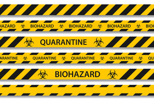 Vector biohazard danger yellow black seamless tape set isolated on white background. Safety fencing ribbon. Quarantine flu. Warning danger of influenza hazard. Global pandemic coronavirus COVID-19