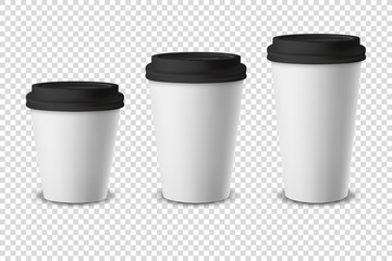 Vector 3d White Realistic Disposable Closed Paper, Plastic Coffee Cup for Drinks with Black Lid Set Closeup Isolated on Transparent Background. Design Template, Mockup. Front View