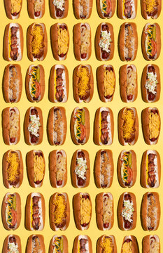 Different Hot Dogs In Overhead Pattern