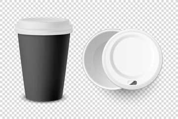 Vector 3d Realistic Black Disposable Closed and Opened Paper, Plastic Coffee Cup for Drinks with White Lid Set Closeup Isolated on Transparent Background. Design Template, Mockup. Top and Front View