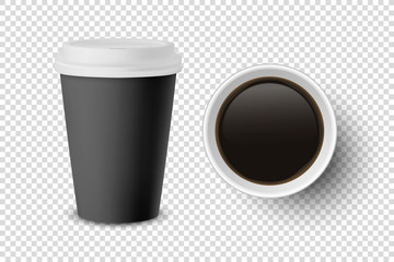 Vector 3d Realistic Black Disposable Closed and Opened Paper, Plastic Coffee Cup for Drinks with White Lid Set Closeup Isolated on Transparent Background. Design Template, Mockup. Top and Front View